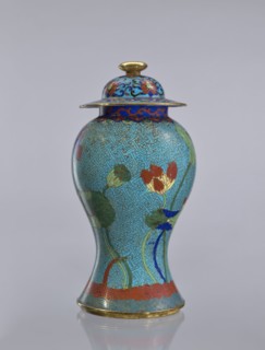 Vase with cover, cloisonné enamel baluster vase decorated with lotuses, Chinese, Qing dynasty
