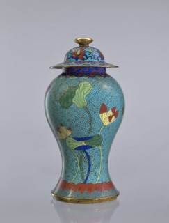 Vase with cover;, Cloisonné enamel vessel decorated with lotuses and geometric patterns. Qing