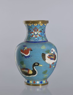 Vase, Cloisonné enamel decorative vessel vase on a foot, with a neck. Decoration: ducks on a