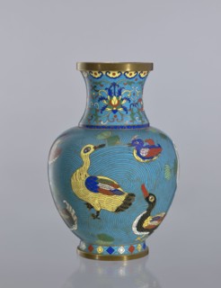 Vase, Cloisonné enamel vase on a foot with a neck. Decoration: ducks on a turquoise background;
