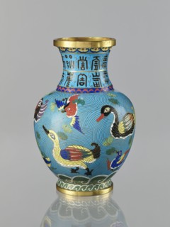 Vase, Chinese, Qing 1644–1911. Cloisonné enamel vase on a foot with a neck. Decoration: ducks on a