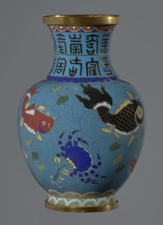 Vase, 19th century, China. Cloisonné enamel vessel on a foot with a neck. Decoration: fish and