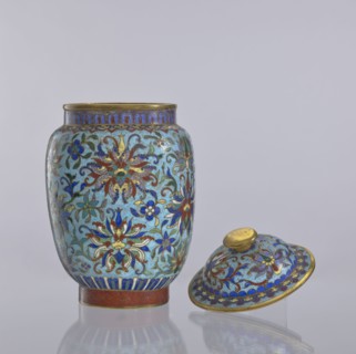 Vase with lid, Chinese, Qing dynasty 1644–1911, cloisonné enamel vessel with floral and plant