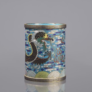 Brush vessel, 19th century China, Qing dynasty; cloisonné enamel decorated with dragons, clouds,