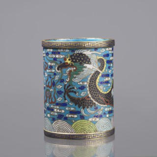 Brush vessel, 19th century, China; Qing dynasty; cloisonné enamel; subject: dragons, clouds, waves,