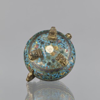 Ding incense burner, cloisonné enamel, floral motifs, butterflies, peonies, fantasy beasts; Ding