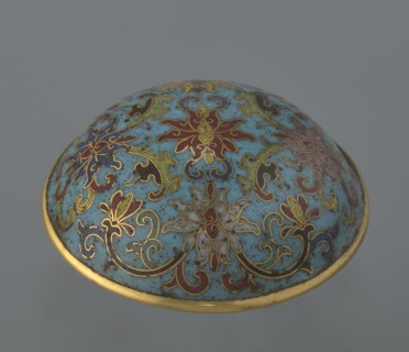 Cylindrical cloisonné enamel box with lid, spheroidal shape on a separate ring foot, slightly
