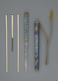 Travel cutlery set in case; Chinese, Qing dynasty 1644–1911, 19th century. Consists of: a Knife