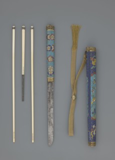 Travel cutlery set in case; Chinese, Qing dynasty 1644–1911, 19th century. Includes: a Knife with