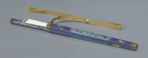 Travel cutlery set in case; Chinese, Qing dynasty 19th century. Knife with cloisonné enamel handle