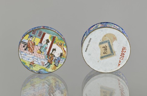 Box with a lid;, Painted enamel box depicting figurative scenes with peonies, grapes, and peaches.