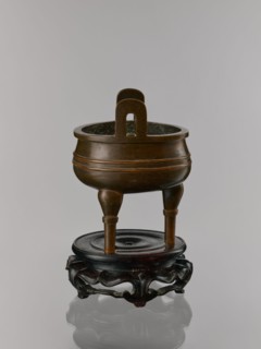 Ding incense burner on stand;, Chinese, Qing dynasty 1644–1911, 19th century. Bronze vessel censer