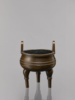Ding type incense burner on a stand, Chinese, Qing dynasty 1644–1911, 19th century. Bronze