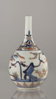 Bottle, porcelain with painted bamboos, pines, plums and sake motifs in Imari palette, Three