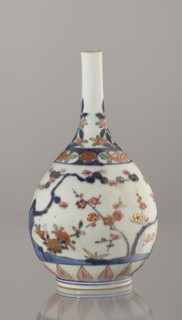 Bottle, porcelain with bamboo, pine, and plum decorations Three Friends of Winter, Imari-style sake
