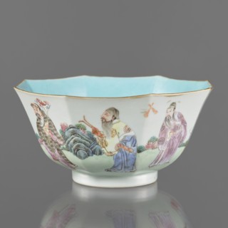 Bowl. Spherical bowl on a ring foot. Porcelain body; turquoise and transparent white glaze.