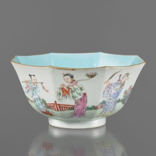 Bowl. Spherical bowl on a ring foot. Porcelain body with turquoise and transparent white glaze;