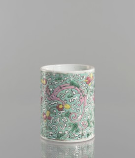 Brush vessel. Chinese; Qing dynasty 1644–1911. Porcelain with celadon glaze; decoration painted