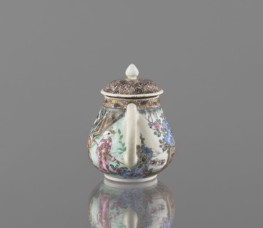 Teapot. Porcelain body with white, transparent glaze; decoration painted with onglaze enamel paints