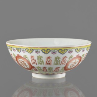 Bowl. Porcelain body; white glaze. Decoration painted with overglaze enamel paints and iron red,