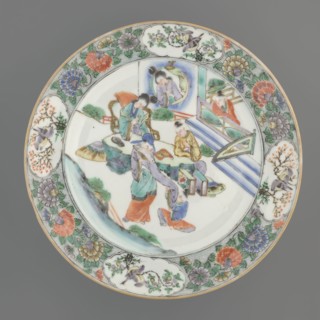 Plate. Porcelain fragment with white glaze; decoration painted with overglaze enamel paints and