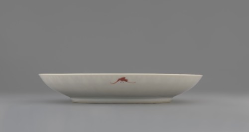 Plate;, Porcelain fragment with white glaze, decorated in overglaze iron red with longevity shou