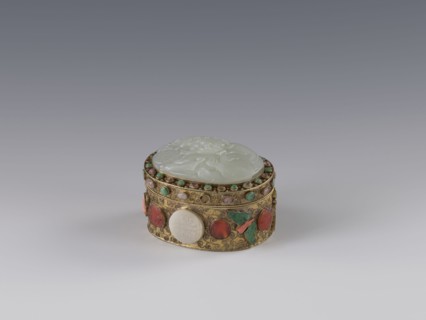 Box with lid. Chinese; Qing dynasty 1644–1911, late 19th century. Lid inlaid with a jadeite plaque