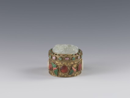 Box with lid;, Chinese, Qing dynasty 1644–1911, late 19th century. The lid is inlaid with a jadeite