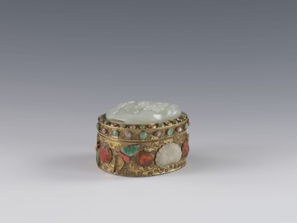 Box with lid;, Chinese, Qing dynasty 1644–1911, late 19th century. Jadeite plaque inlaid in the lid