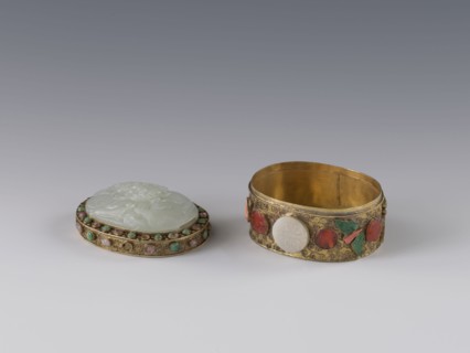 Box with lid, Chinese, Qing 1644–1911, late 19th century. The lid is inlaid with a jadeite plaque