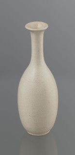 Vase on saucer. Vase made of stoneware or thick porcelain?, ovoid with a long cylindrical neck