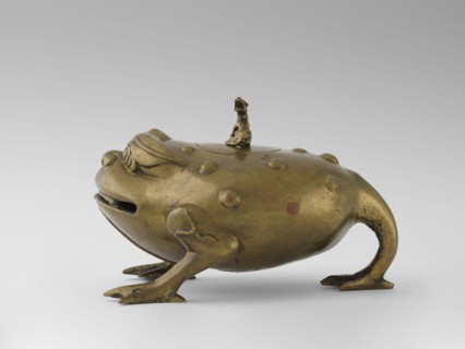 Incense burner with a cover — moon frog toad. Cast in bronze studded with copper. Popular motif in