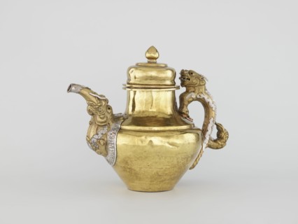 Teapot, Tibetan, 19th century. Jug with a lid on a chain; dragon-shaped handle, spout probably in