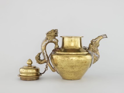 Teapot, Tibetan, 19th century. Jug with a lid on a chain; dragon-shaped handle, spout probably in