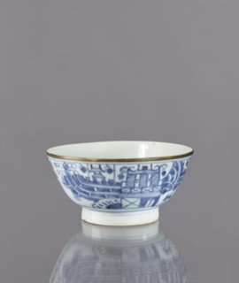 Bowl, Deep round bowl on a high, ring-shaped foot. Decorated with underglaze cobalt painting: