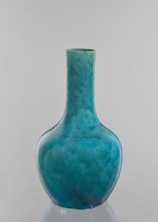 Vase-bottle; maker, cracklework decoration; uniform blue-green glaze with fine cracklework;