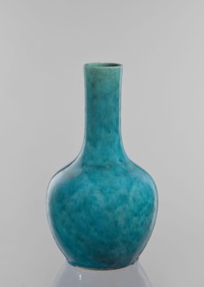 Vase-bottle; maker, ; Chinese; cracklework decoration; uniform blue-green glaze with fine