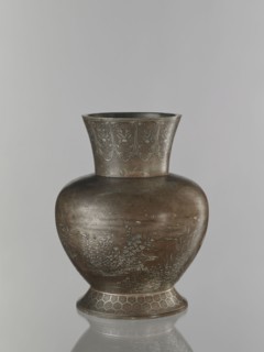 Vase, Ovoid, bulbous vase made of a pewter alloy, on a wide base with a wide, flared neck. Engraved