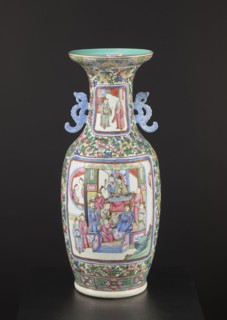 Cantonese vase, Canton China, Chinese art; 19th century. Ovoid body with thin neck and two side