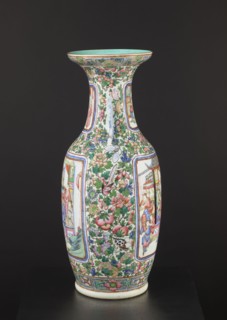 Cantonese vase, Canton China, 19th century. Ovoid body with thin neck and two side handles; rib