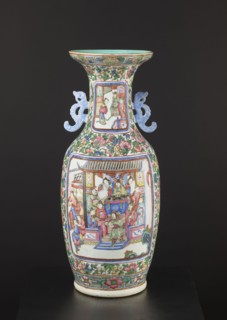 Cantonese vase, Canton China, 19th century. Colored porcelain ovoid vessel with thin neck and two