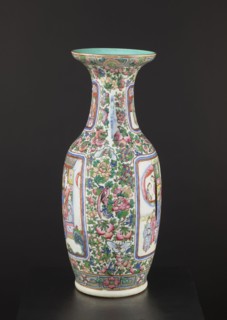Cantonese vase, Canton China, Chinese art; ovoid body with thin neck and two side handles, rib with