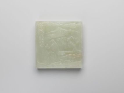 Plaque, Chinese, Qing 1644–1911, landscape motifs with fishermen, engraving of a rock, pale green