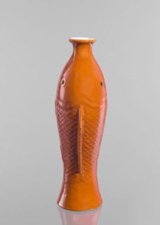 Vase in the shape of two fish, Chinese, Qing dynasty 1644–1911, ceramic decorative vessel with red