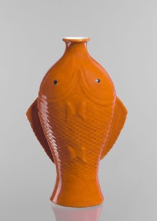 Vase in the shape of two fish, Chinese, Qing dynasty 1644–1911, ceramics decorative vessel with red
