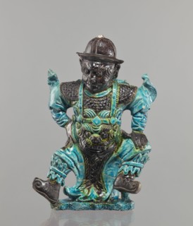 Warrior figurine, Chinese, ceramic sculpture/figurine of a male warrior, green and brown glaze,