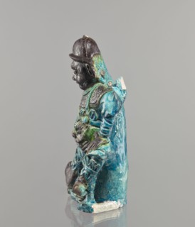 Warrior figurine, Chinese, ceramic figurine of a male warrior, green and brown glaze, 17th century,