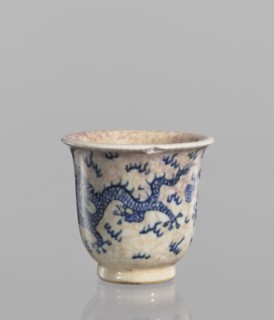 Bowl, Chinese, blue-and-white porcelain with crackled glaze stained with pink and lilac spots;