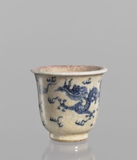 Bowl, Chinese, blue-and-white porcelain bowl with a rolled edge and small foot. Crackled glaze
