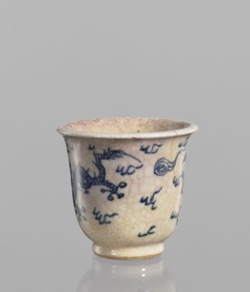 Bowl, Chinese, ceramic; blue-and-white porcelain with cracklework glaze stained with pink and lilac